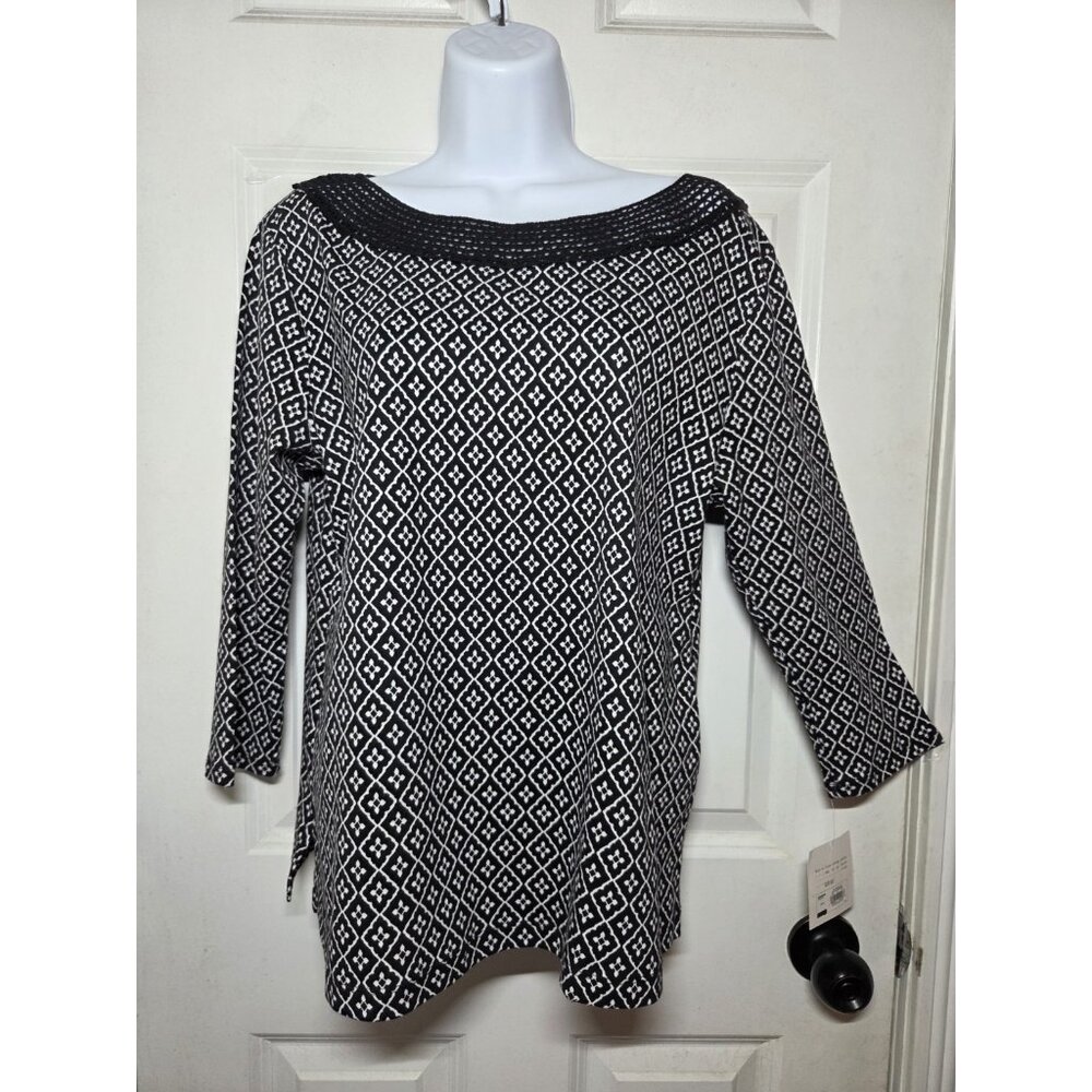 Croft & Barrow Black White Crochet Boat Neck 3/4-Sleeve Cotton Top‎ PL NWT